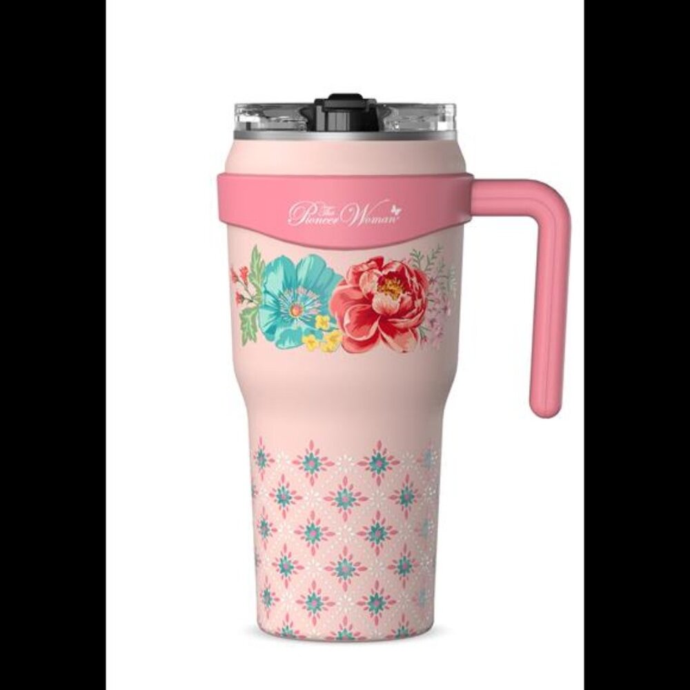 The Pioneer Woman 40 oz Fancy Flourish Stainless Steel Insulated Tumbler, Pink